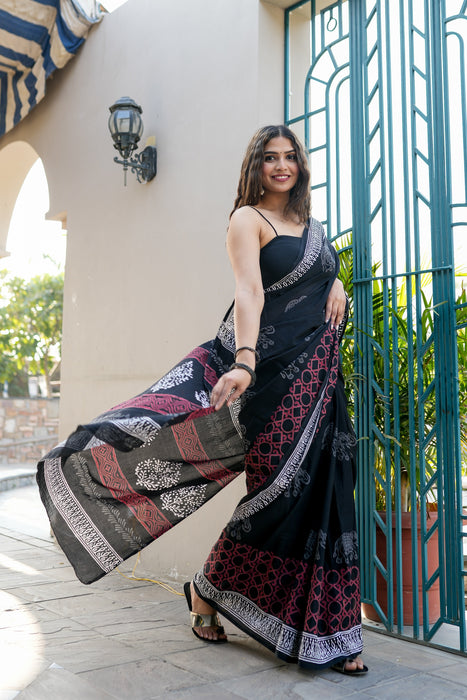 Black Cotton Handblock Saree