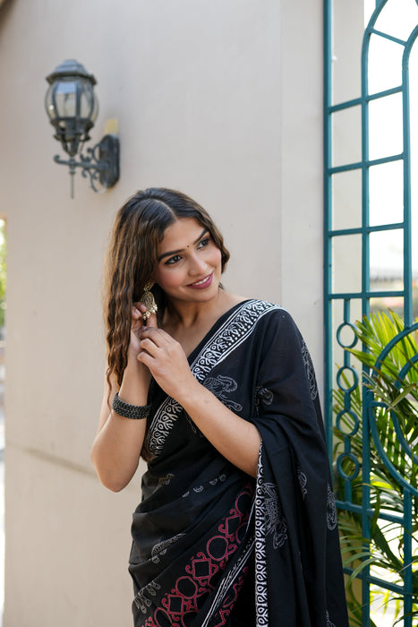 Black Cotton Handblock Saree