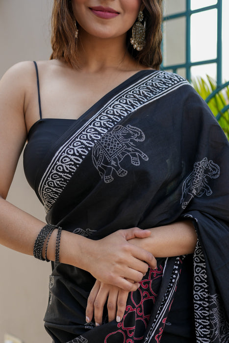 Black Cotton Handblock Saree