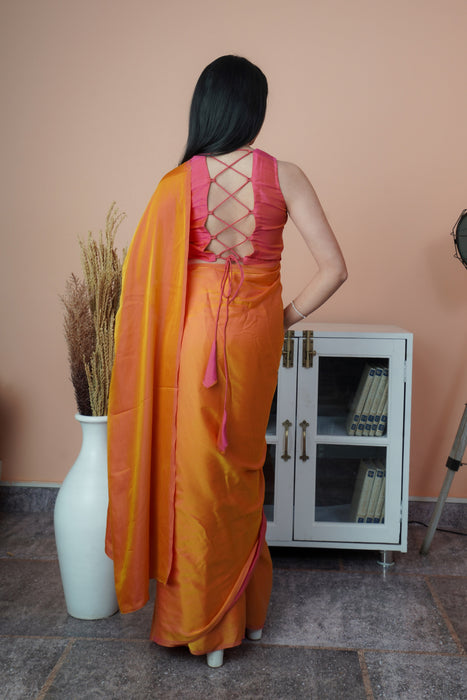 Satin Silk Saree (Dual Shade Orange & Pink)