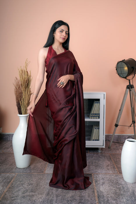 Satin Silk Saree (Red & Maroon)