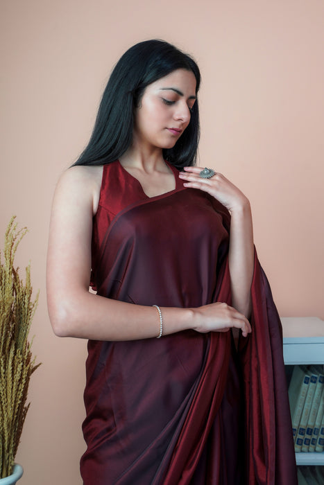 Satin Silk Saree (Red & Maroon)