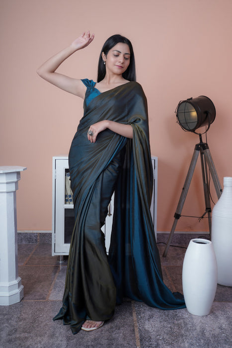 Satin Silk Saree (Grey & Blue)