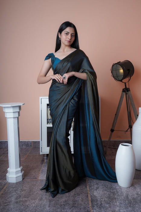 Satin Silk Saree (Grey & Blue)