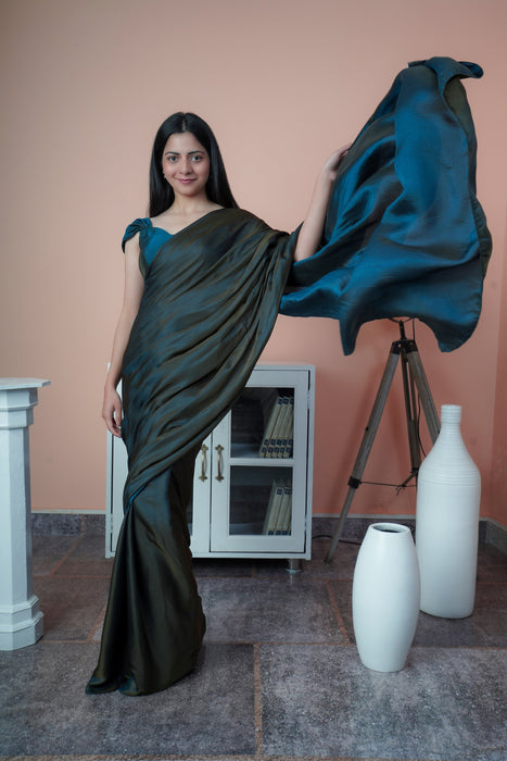 Satin Silk Saree (Grey & Blue)