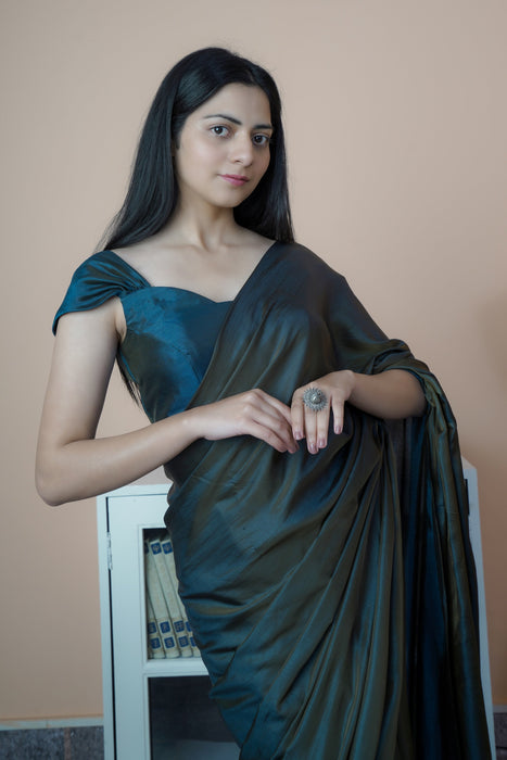 Satin Silk Saree (Grey & Blue)