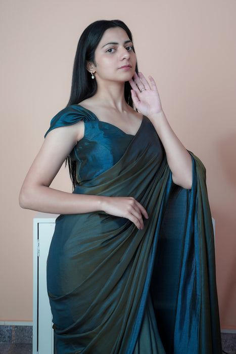 Satin Silk Saree (Grey & Blue)