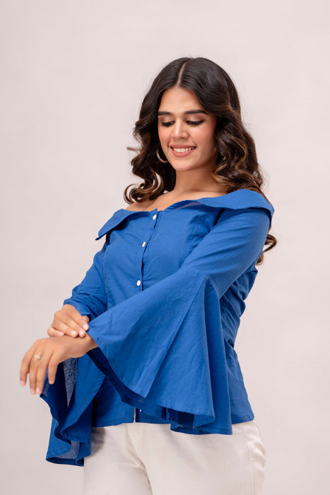 Off Shoulder Chinese Cut Princess Back Bell Sleeves Designer Western Shirt WT5001LIGHTBLUE