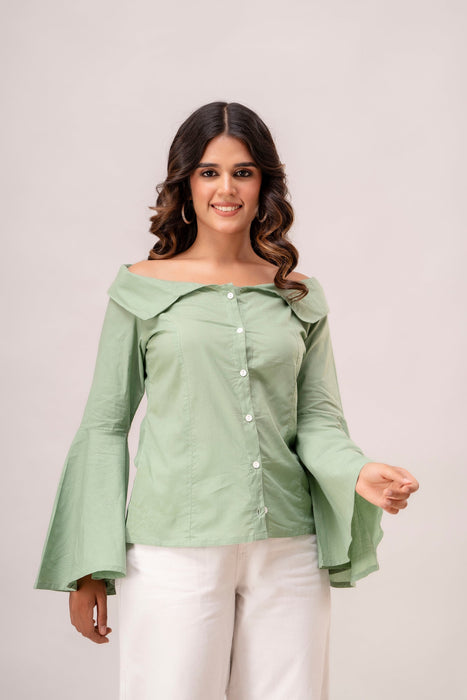 Off Shoulder Chinese Cut Princess Back Bell Sleeves Designer Western Shirt WT5001GREEN