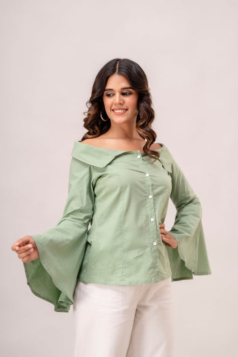 Off Shoulder Chinese Cut Princess Back Bell Sleeves Designer Western Shirt WT5001GREEN