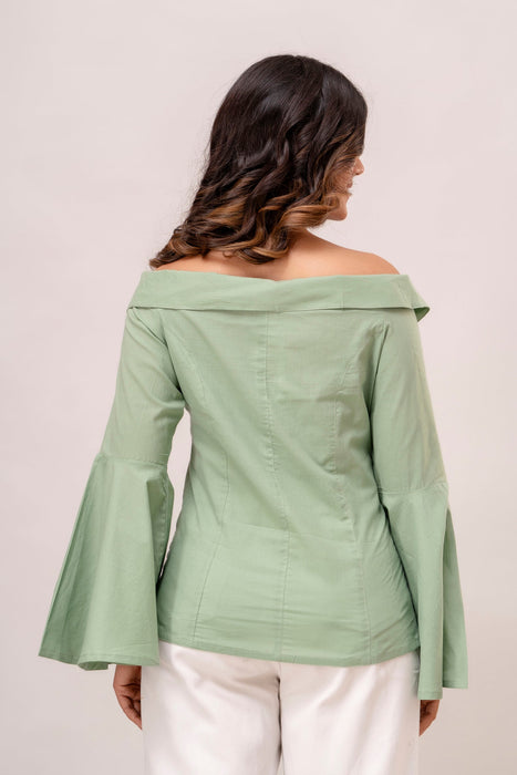 Off Shoulder Chinese Cut Princess Back Bell Sleeves Designer Western Shirt WT5001GREEN