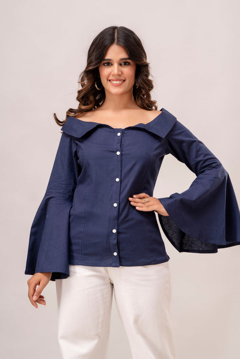 Off Shoulder Chinese Cut Princess Back Bell Sleeves Designer Western Shirt WT5001DARKBLUE