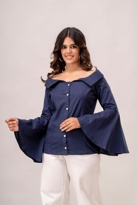 Off Shoulder Chinese Cut Princess Back Bell Sleeves Designer Western Shirt WT5001DARKBLUE