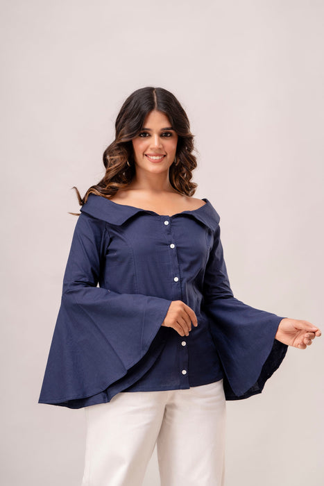 Off Shoulder Chinese Cut Princess Back Bell Sleeves Designer Western Shirt WT5001DARKBLUE