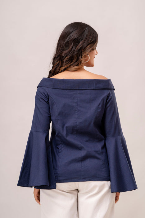 Off Shoulder Chinese Cut Princess Back Bell Sleeves Designer Western Shirt WT5001DARKBLUE