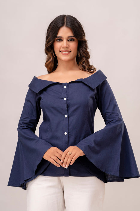 Off Shoulder Chinese Cut Princess Back Bell Sleeves Designer Western Shirt WT5001DARKBLUE