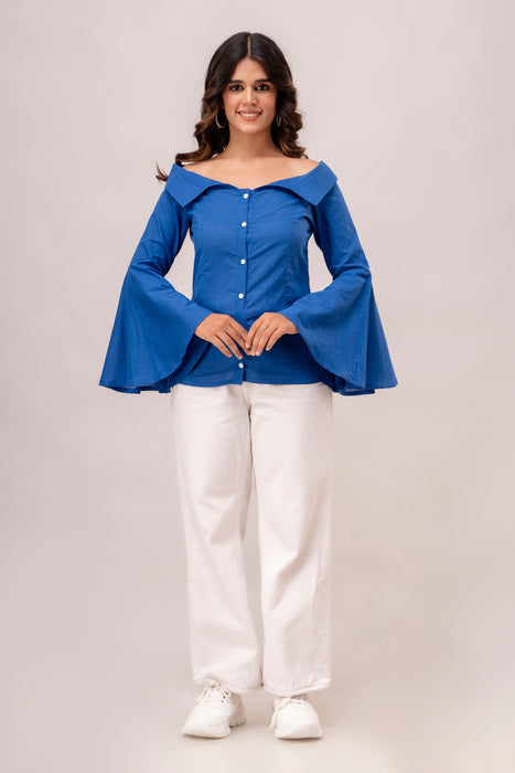 Off Shoulder Chinese Cut Princess Back Bell Sleeves Designer Western Shirt WT5001LIGHTBLUE