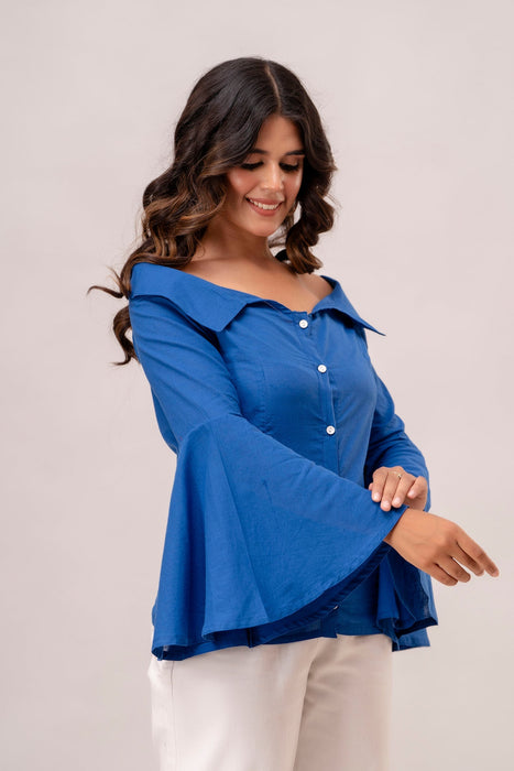 Off Shoulder Chinese Cut Princess Back Bell Sleeves Designer Western Shirt WT5001LIGHTBLUE