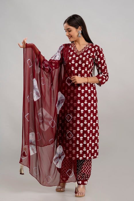 Traditional Zari Embroidery Work A-Line Kurta With Trouser & Dupatta - KR3010MAROON