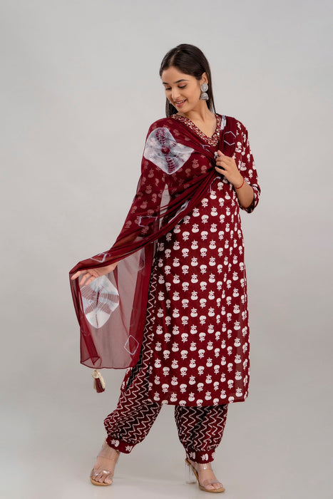 Traditional Zari Embroidery Work A-Line Kurta With Trouser & Dupatta - KR3010MAROON