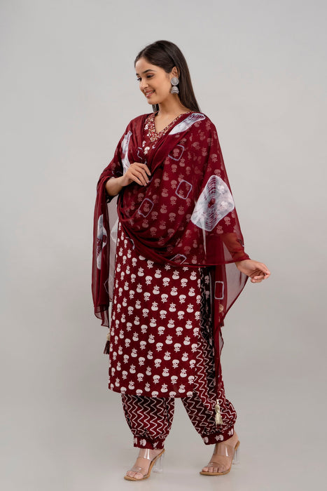 Traditional Zari Embroidery Work A-Line Kurta With Trouser & Dupatta - KR3010MAROON