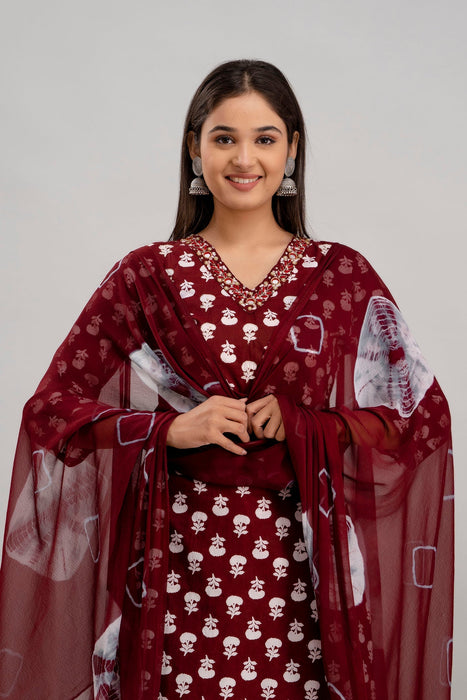 Traditional Zari Embroidery Work A-Line Kurta With Trouser & Dupatta - KR3010MAROON