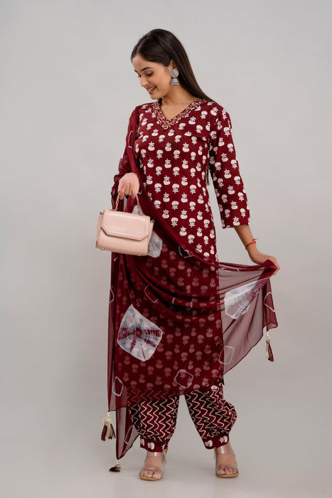 Traditional Zari Embroidery Work A-Line Kurta With Trouser & Dupatta - KR3010MAROON