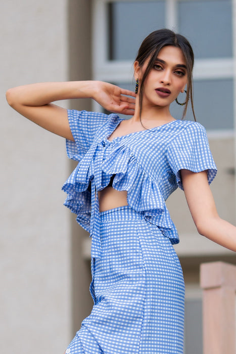 CORNFLOWER BLUE CHESS RUFFLE HEM TOP