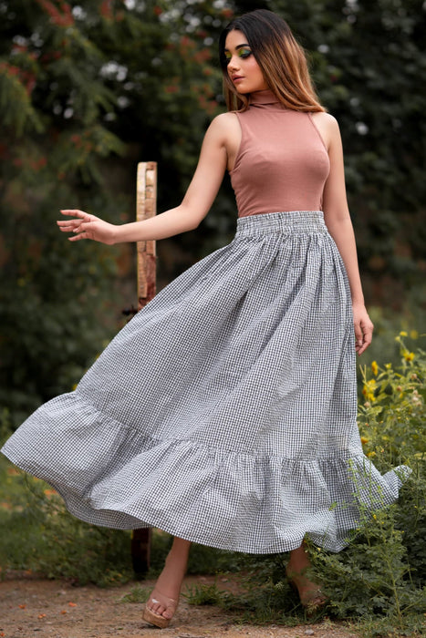 GINGHAM FLARED MAXI LONG SKIRT