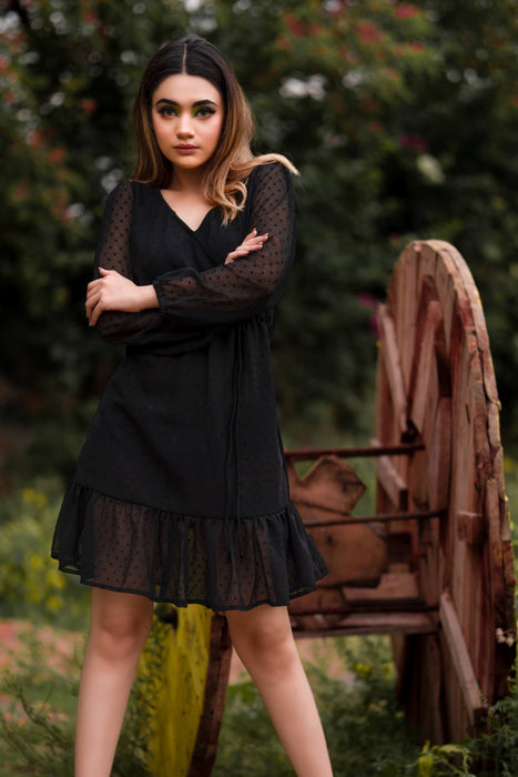 BLACK WRAP RUFFLE DRESS