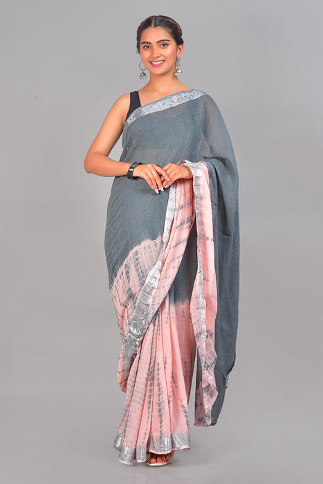 100% cotton linen with 2 inches Zari border Grey color Saree SAR13