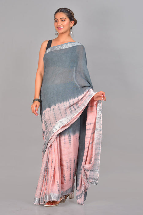 100% cotton linen with 2 inches Zari border Grey color Saree SAR13