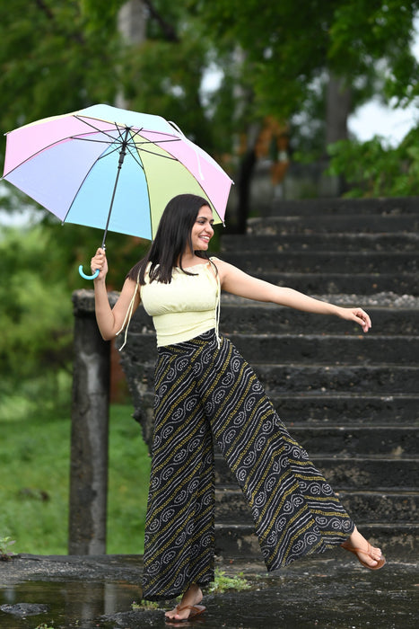 YELLOW CANDY TOP STYLED UP WITH BLACK BANDHEJ PALAZZO