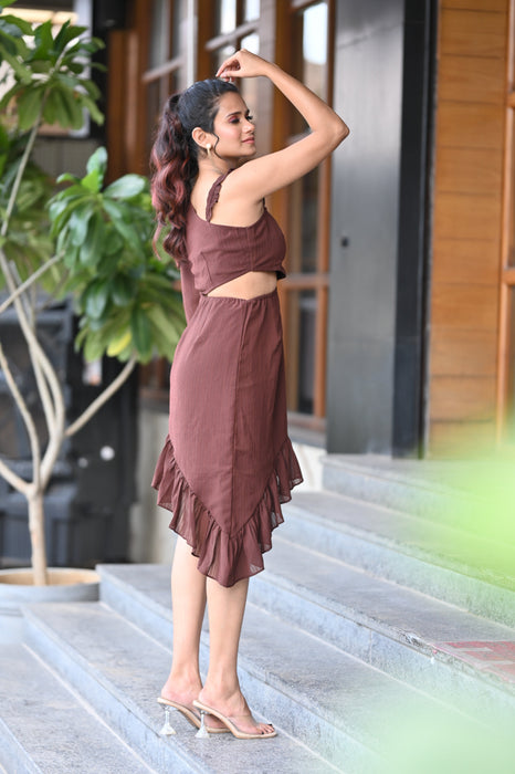 CHOCOLATE BROWN ASYMMETRICAL CUT OUT DRESS