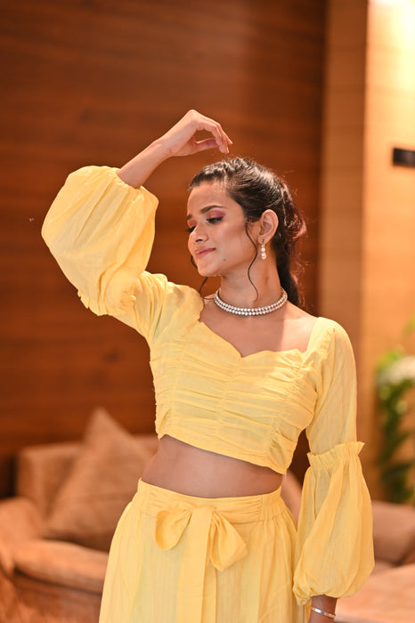 YELLOW GATHERED FULL SLEEVES CROP TOP