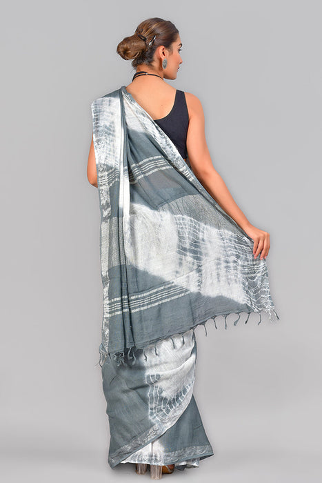 100% cotton linen with 2 inches Zari border Grey & Silver color Saree SAR14