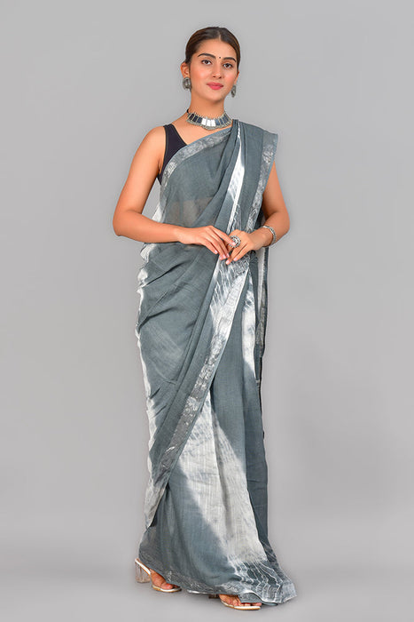 100% cotton linen with 2 inches Zari border Grey & Silver color Saree SAR14