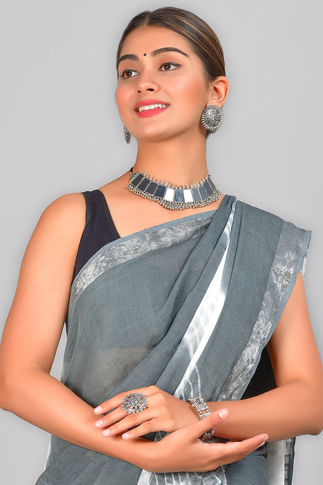 100% cotton linen with 2 inches Zari border Grey & Silver color Saree SAR14