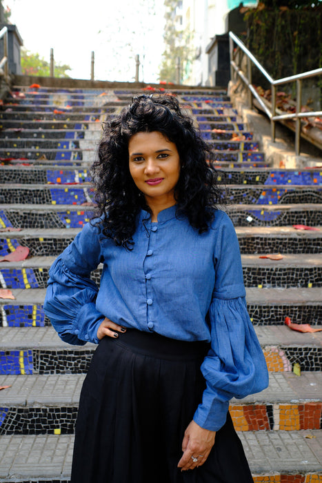 April Denim Top with Convertible Sleeves