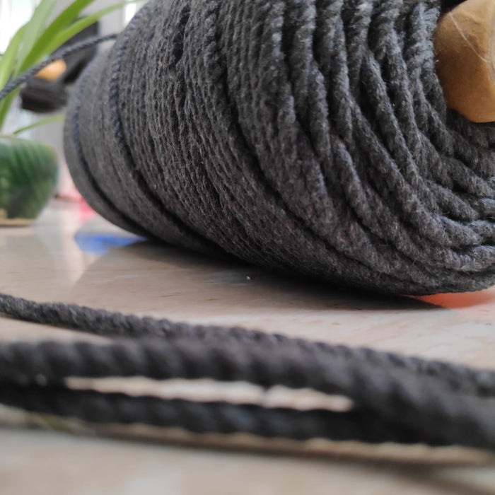 Twisted 3Mm, 3 Ply Cotton Macrame Cord (Dark Grey) 100 Mtrs