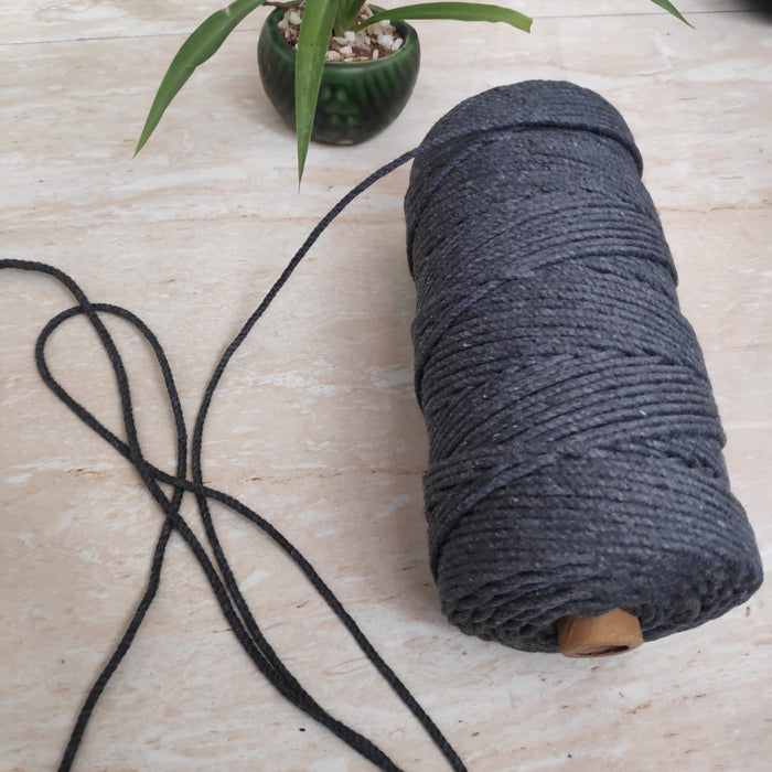 Twisted 3Mm, 3 Ply Cotton Macrame Cord (Dark Grey) 100 Mtrs