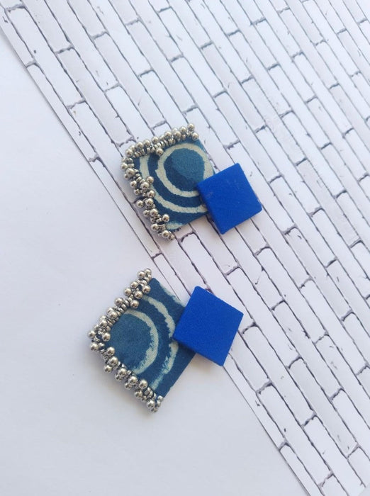 Indigo Print And Silver Ghungroo Fabric Earrings