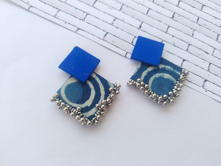 Indigo Print And Silver Ghungroo Fabric Earrings