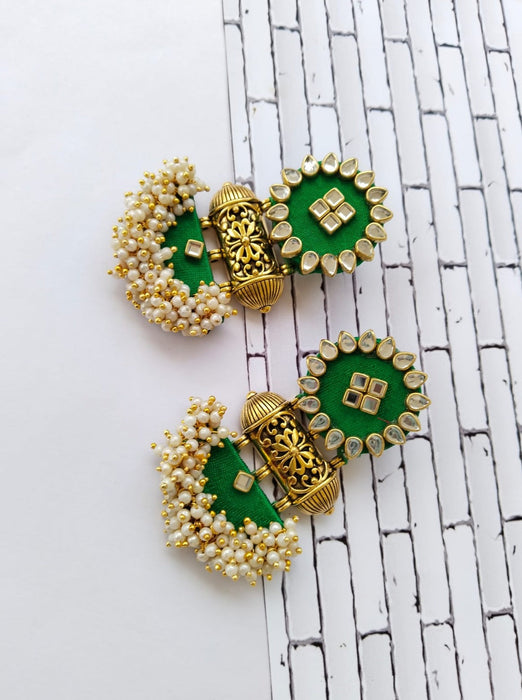 Green With Golden Beads And Pearls Traditional Earrings