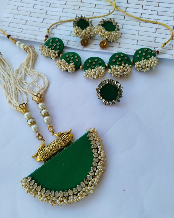 Dark Green Golden Choker Long Necklace And Earrings Set