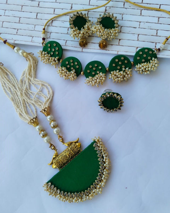 Dark Green Golden Choker Long Necklace And Earrings Set