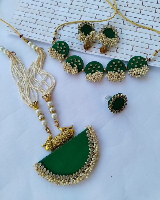 Dark Green Golden Choker Long Necklace And Earrings Set