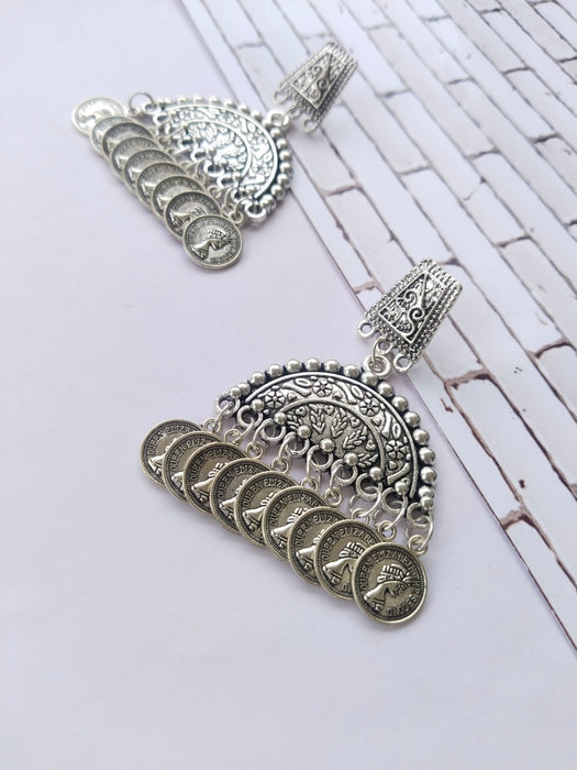 Designer Silver Oxidised Coin Earrings For Women