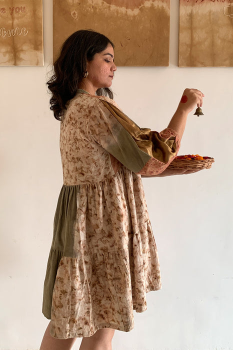 Bageeya “Mistletoe” Natural Dyed Handcrafted Handwoven Organic Cotton Tiered Dress | Crafted with Harda, Marigold, and Manjishta and detailed with Gold zari