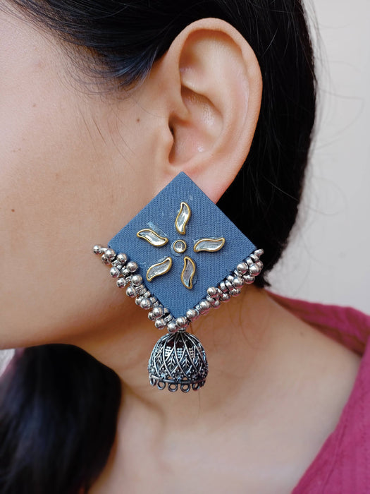 Dusky Blue And Kundan Jhumka Earrings